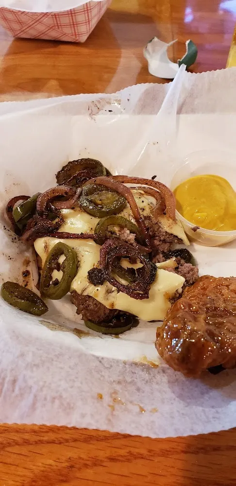 Grilled Burger with Cheese & Sauteed Onions Jalapeños